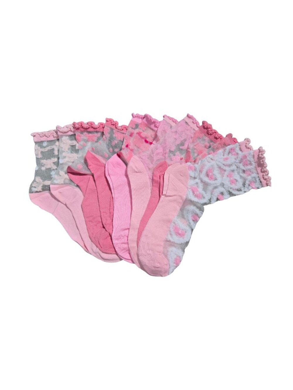 NIP | 6 Pair Pink Sheer Mesh Ruffle Top Bow Detail Ankle Socks Sock Bundle | Siz